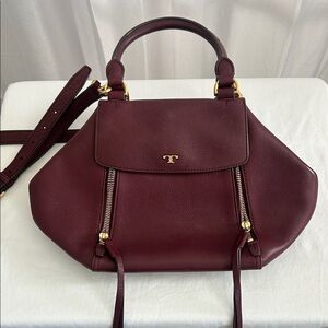 Tory Burch Burgundy Satchel with Gold Details